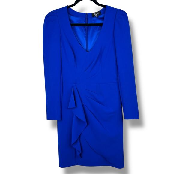 Parker Black Label Clinton Cobalt Blue Ruffle Fitted Sheath Mini Dress Size 2 - Picture 3 of 11